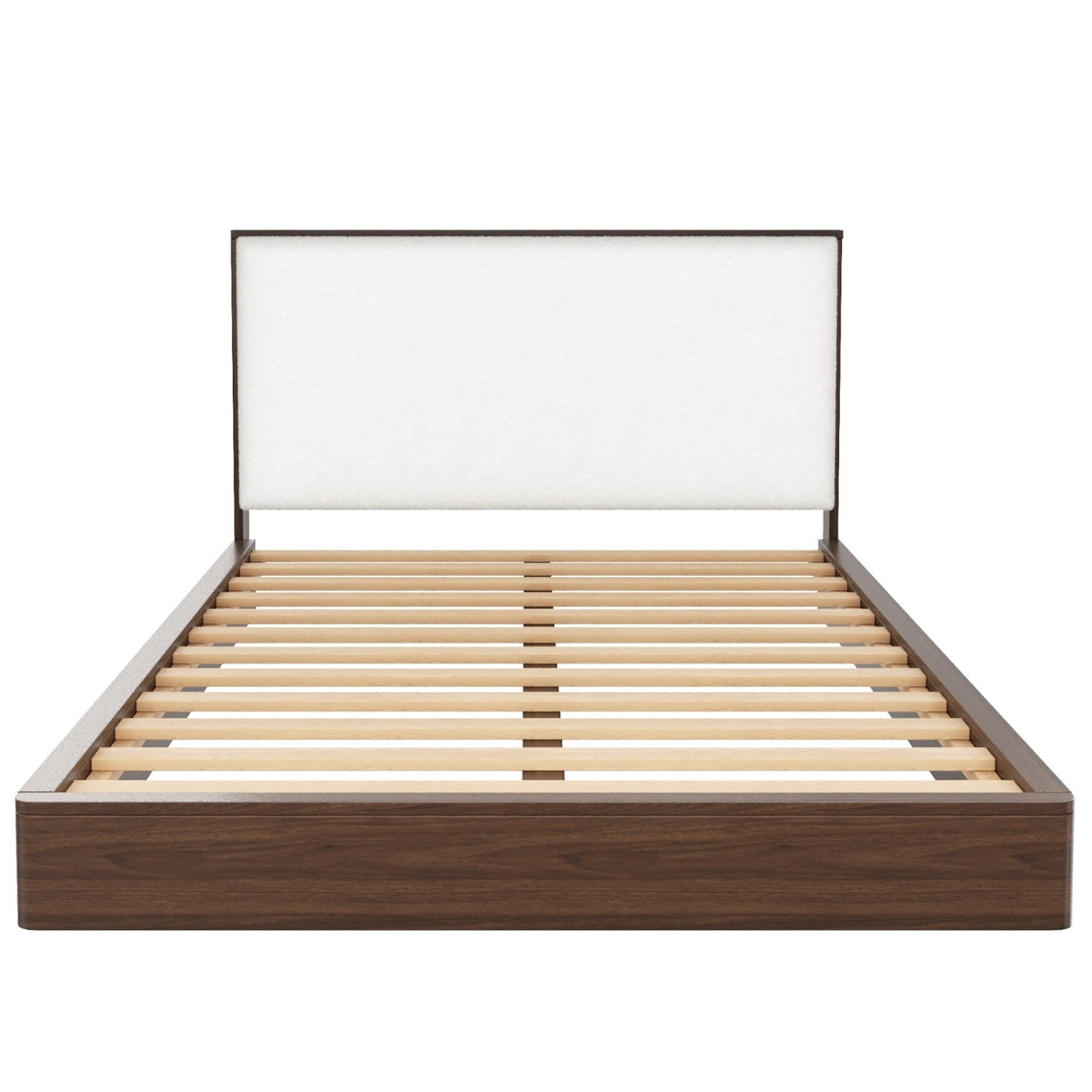 Euroco Wood Queen Size Platform Bed with Bouclé Upholstered Headboard, No Box Spring Needed, Walnut