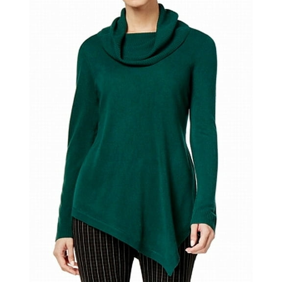 NY Collection Cowl-Neck Asymmetrical-Hem Sweater Womens M Green MSRP $34