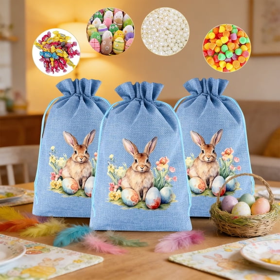 Easter Bunny Gift Bags (3-Pack) - 11.8x7.8in Linen Drawstring Pouches for Candy, Egg Hunts, Party Favors & Holiday Decor (Blue)