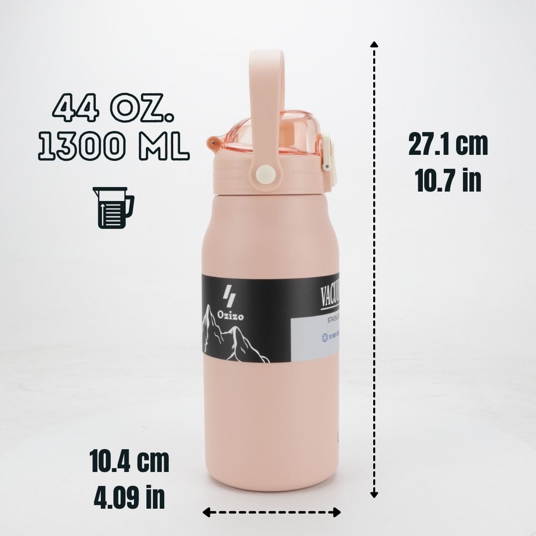 2 Ozizo 44 oz Insulated Stainless Steel Water Bottle with Lid, Straw, Mixing Ball and Handle (Black and Pink)