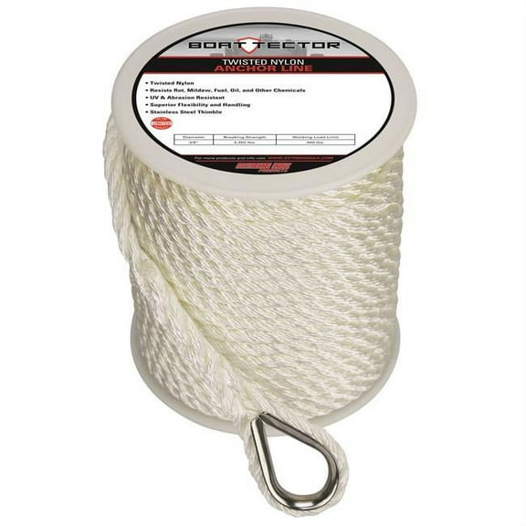 Extreme Max 3-8X100 WHITE TN 0.37 in. x 100 ft. Extreme Max BoatTector Twisted Nylon Anchor Line with Thimble