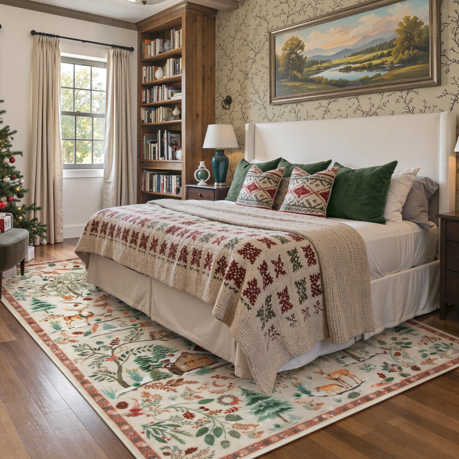 Wonnitar 8x10 Christmas Area Rug, Washable Soft Large Rug for Living Room, Non Slip Low Pile Bedroom Rug Xmas Tree Indoor Floor Carpet for Dining Room Winter Holiday Decor, Beige