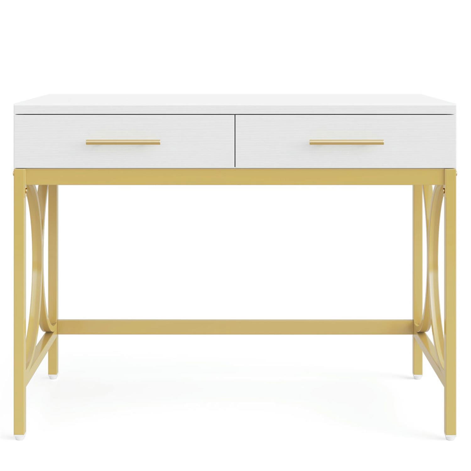 Demi Bonn 41" Computer Desk with 2 Storage Drawers and Gold Legs, Modern Study Writing Gaming Table for Home Office, Makeup Vanity Desk, White