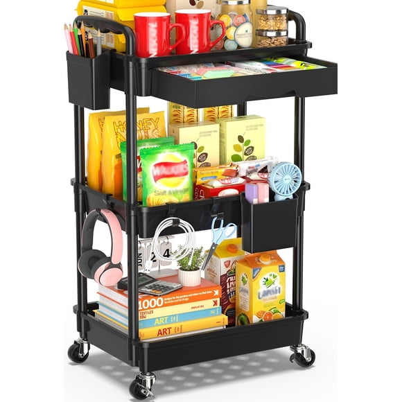 3 Tier Rolling Storage Carts with Drawer, Storage Cart Organizer with Lockable Wheels Rolling Utility Organizing Cart for Bathroom Kitchen Bedside Art Craft Snack Makeup Lash Nail Baby, Black