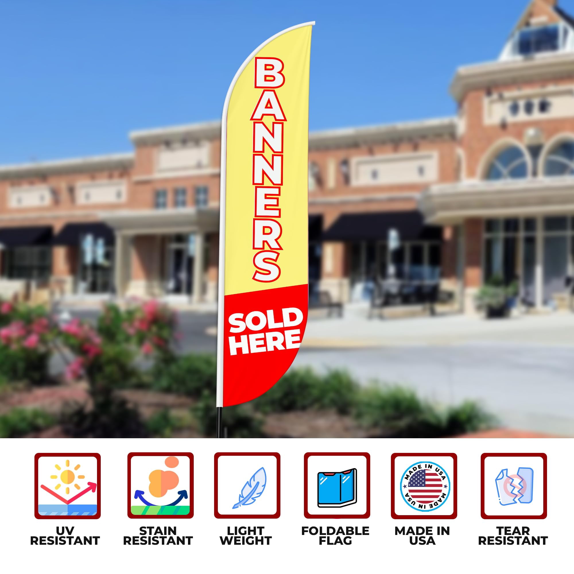 Banners Sold Here Sign feather flag Pole Mount for Outdoor by Mavis Print | 15 FEET Long Polyester Outdoor Banner Flag Pole Kit for Easy Hang | HD Print Swooper Flag Pole Stand for Business Advert