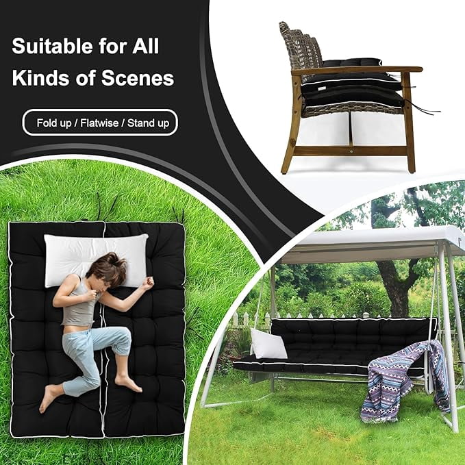 YLLN Porch Swing Cushions, Patio Furniture Cushions With 4" Thicken Backrest, Waterproof & Machine Washable, with Ties, Bench Cushions For Outdoor Furniture（40"x55"Black）