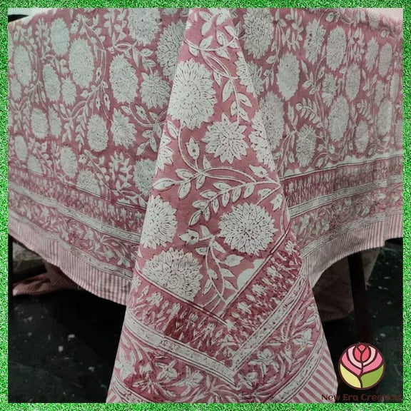 New Era Creation Baby Pink, Indian Hand Block Printed Tablecloth,Table Cover,Farmhouse Decor,Linen Set,Wedding Tablecloth mom Gift