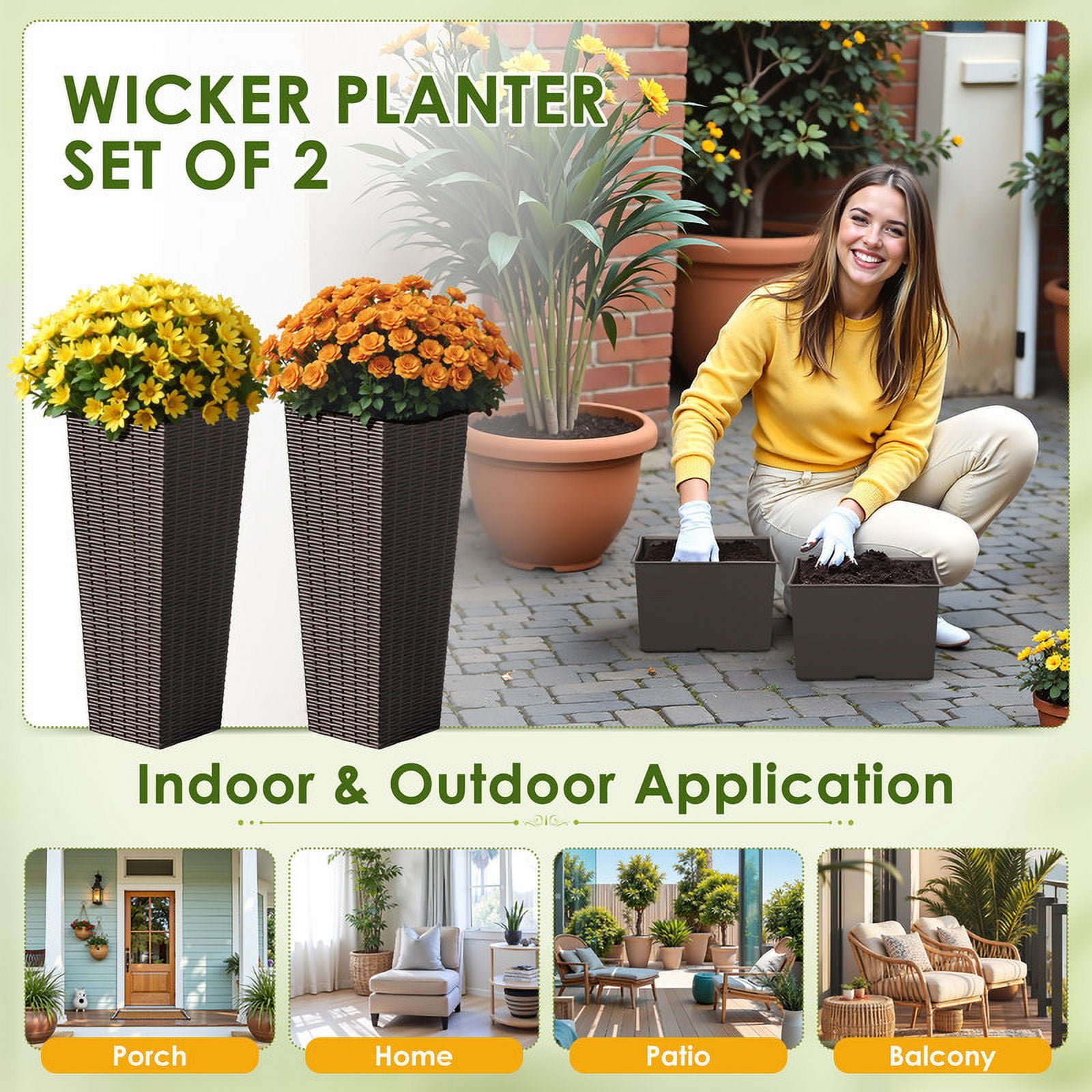Homall 2-Pack 24" Tall Outdoor Plastic Planters with Inside Pots, Rattan - Patterned for Patio Decor