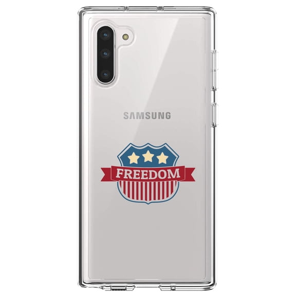 DistinctInk Clear Shockproof Hybrid Case for Samsung Galaxy Note 10 (6.3" Screen) - TPU Bumper Acrylic Back Tempered Glass Screen Protector - USA Freedom Badge Red White & Blue