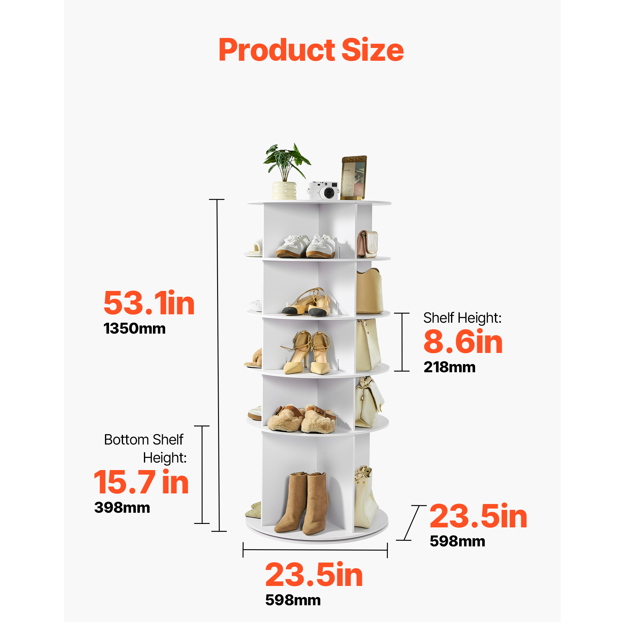 KFFKFF 5-Tier Rotating Shoe Rack Tower, 360° Spinning Organizer, Freestanding Round Carousel Storage for Shoes, Ideal for Bedroom, Living Room, Entryway, Closet, White