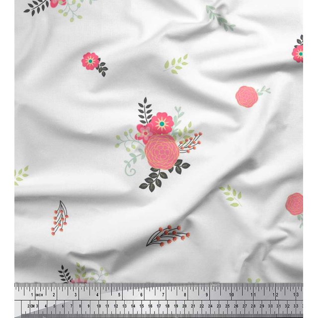 Soimoi Tissu Voile de Coton Blanc Imprimé Feuilles & Roses Floral au Mètre 56 Pouces de Large