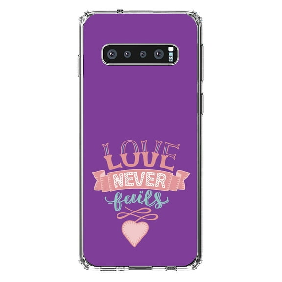 DistinctInk Clear Shockproof Hybrid Case for Samsung Galaxy S10  PLUS(6.4" Screen) - TPU Bumper, Acrylic Back, Tempered Glass Screen Protector - 1 Corinthians 13 - Love Never Fails - Heart