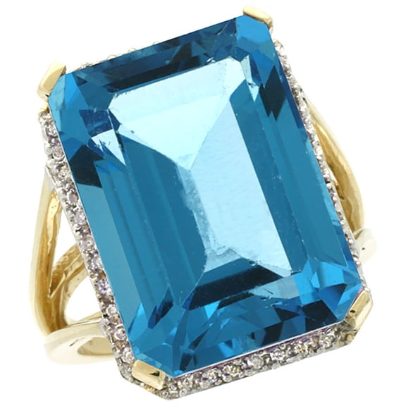 14K Yellow Gold Diamond Natural London Blue Topaz Ring Emerald-cut 18x13mm, size 6