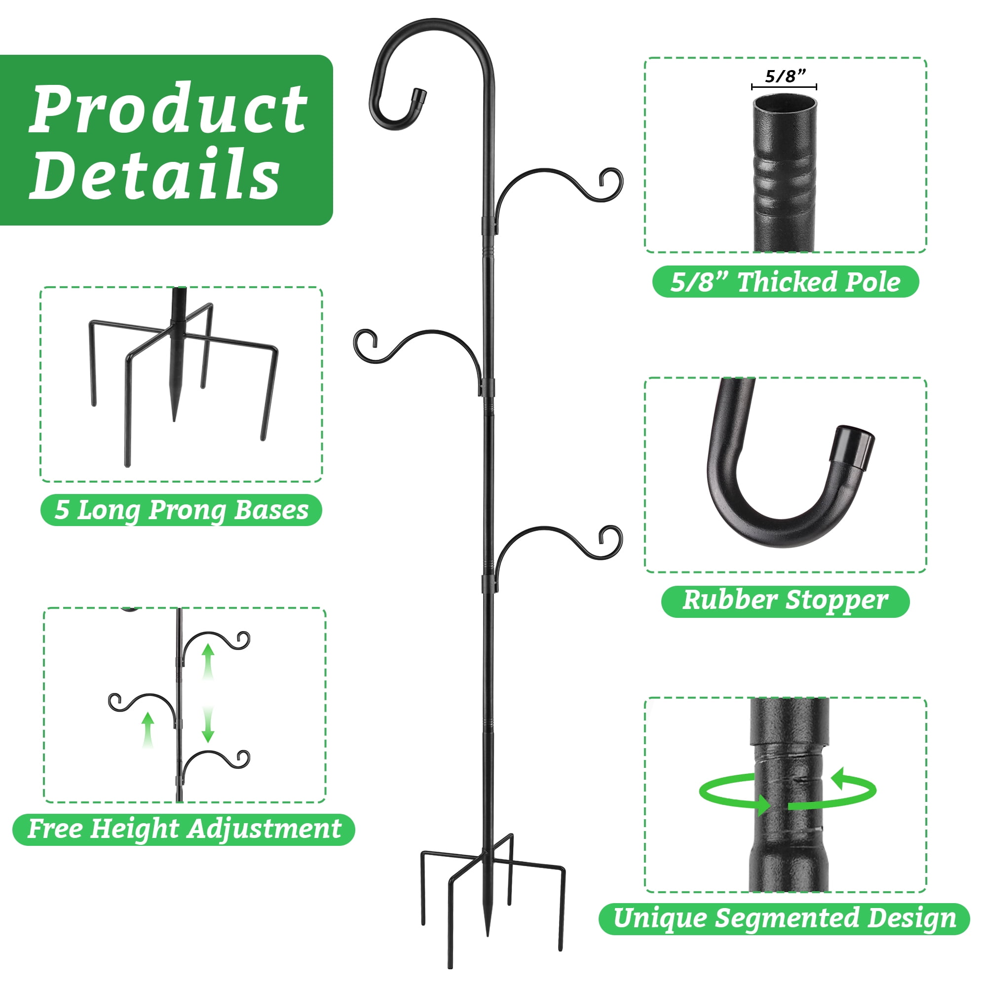 Shepherds Hooks for Outdoor, 92 Inch Heavy Duty Bird Feeder Pole, Garden Pole for Hanging Plants, Lantern, Hummingbird Feeder, Hanging Plant Stand with 5 Base Prongs (2 PACK)