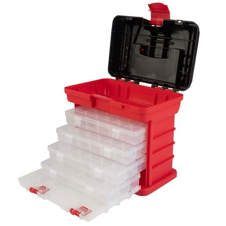 7 in. W Red and Black Plastic 4-Drawer Small Parts Organizer for Hardware or Crafts – Portable Tool Box