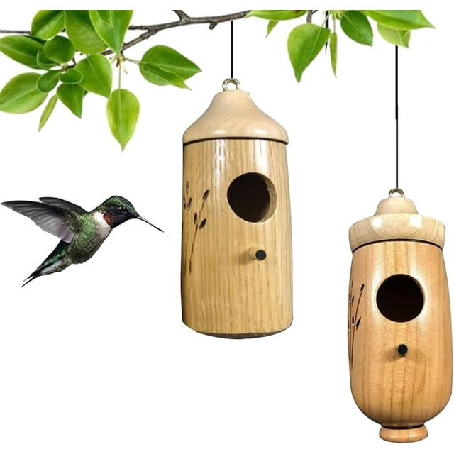 Ribili Wooden Hummingbird House, Fanyil Wooden Hummingbird House, Sparrow Hummingbird Finch House, Wooden Humming Bird Nest with Hemp Ropes (#Mix-C,2pcs)