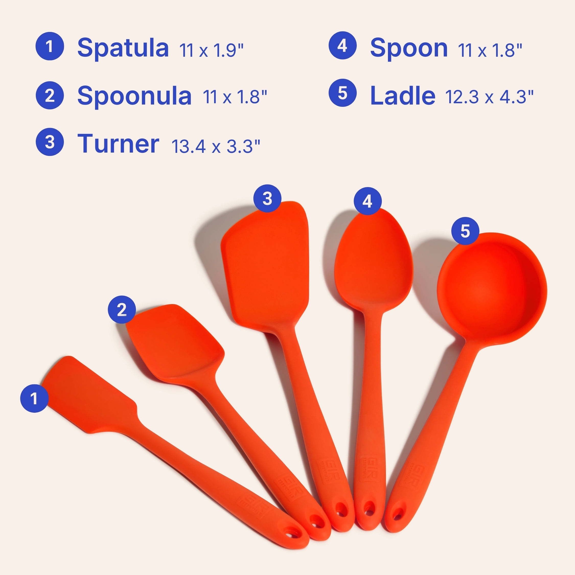GIR Get It Right 5 Piece Essentials Silicone Cooking Utensils Set Nonstick Heat Resistant Kitchen Utensils for Cooking and Baking, Fire Red