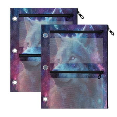 2 Pack 3-Ring Binder Pencil Pouch with Clear PVC Windows Wolf with Stars and Galaxies Large Capacity Stationery Bag for Classroom Office Supplies