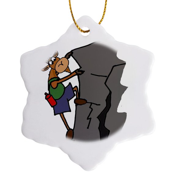 3drose, Funny Cute Goat Mountain Climbing or Rock Climbing Cartoon, 3 inch Snowflake Porcelain Ornament
