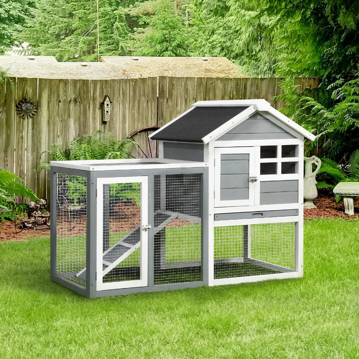 48" Indoor Rabbit Enclosure, Weatherproof Wooden Hutch with Slanted Asphalt Roof & Outdoor Run, Gray