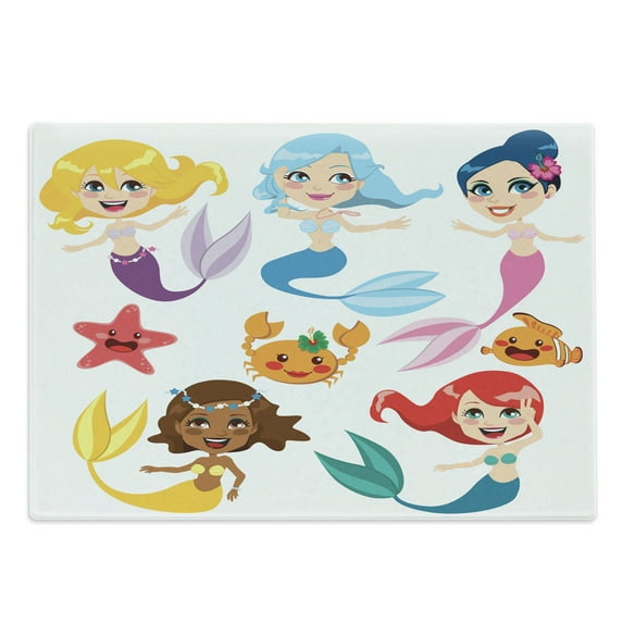 Underwater Cutting Board, Illustration of Colorful Mermaids and Sea Friends Cheering Joyful, Decorative Tempered Glass Cutting and Serving Board, Large Size, Multicolor, by Ambesonne