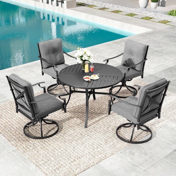 Summit Living 5-Piece Outdoor Patio Dining Set, Round Patio Table and Swivel Cushioned Chairs for 4, Black & Gray