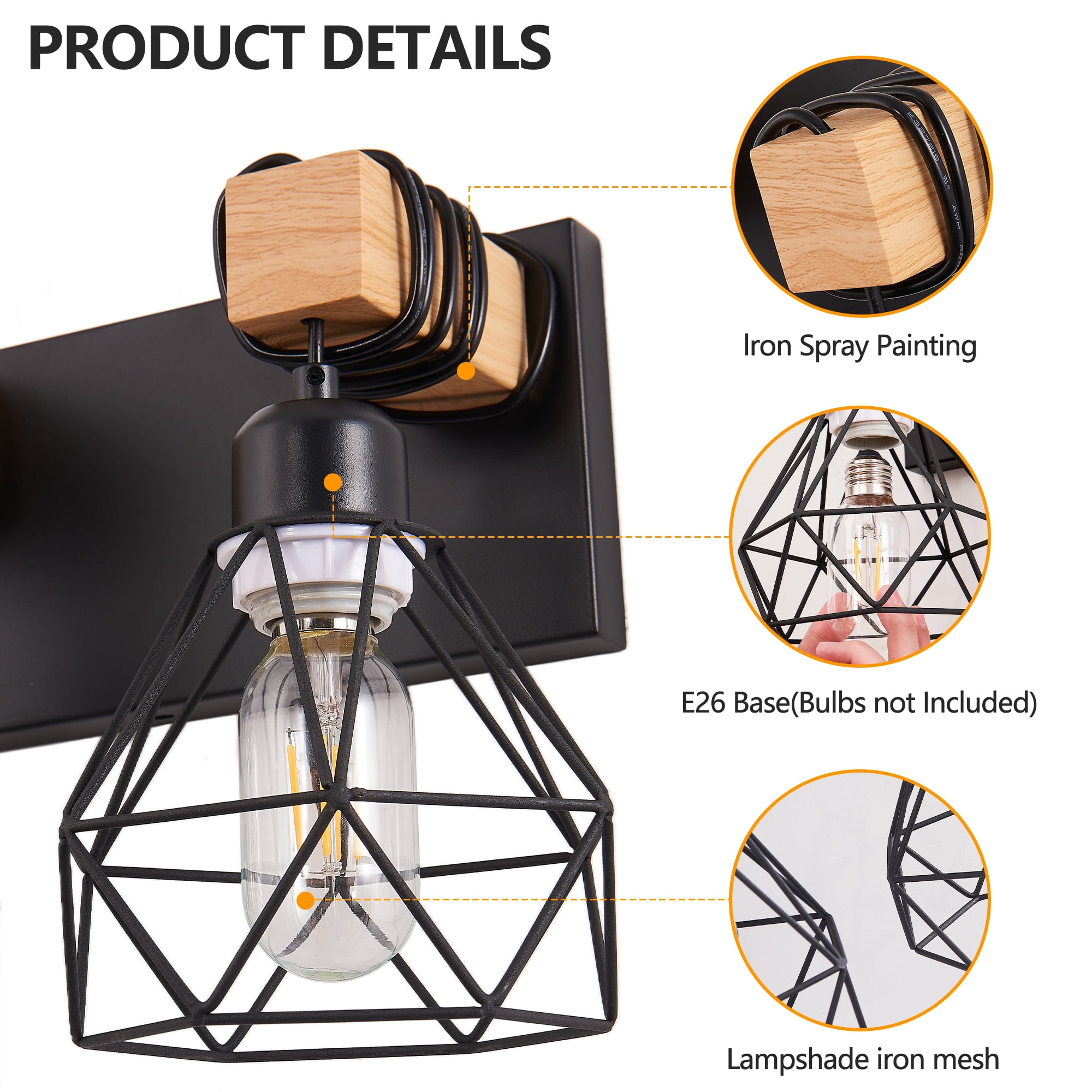 24" Modern Geometric 4-Light Vanity Light Fixture with Black Metal, Wooden Accents and Cage Lampshade for Bathroom, Bedroom, or Living Room (Bulb Not Included)