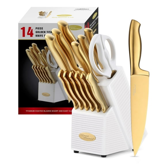 Marco Almond® Gold Knife Set, Knife Block Set MA21,Titanium Coated 14 Pieces Stainless Steel Chef Gold Kitchen Knife Sets with White Block