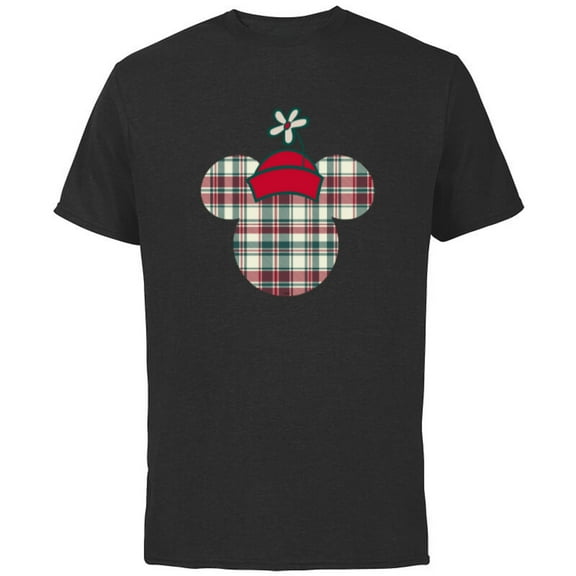 Disney Minnie Mouse Head Icon Christmas Holiday Plaid - Short Sleeve Cotton T-Shirt for Adults - Customized-Black