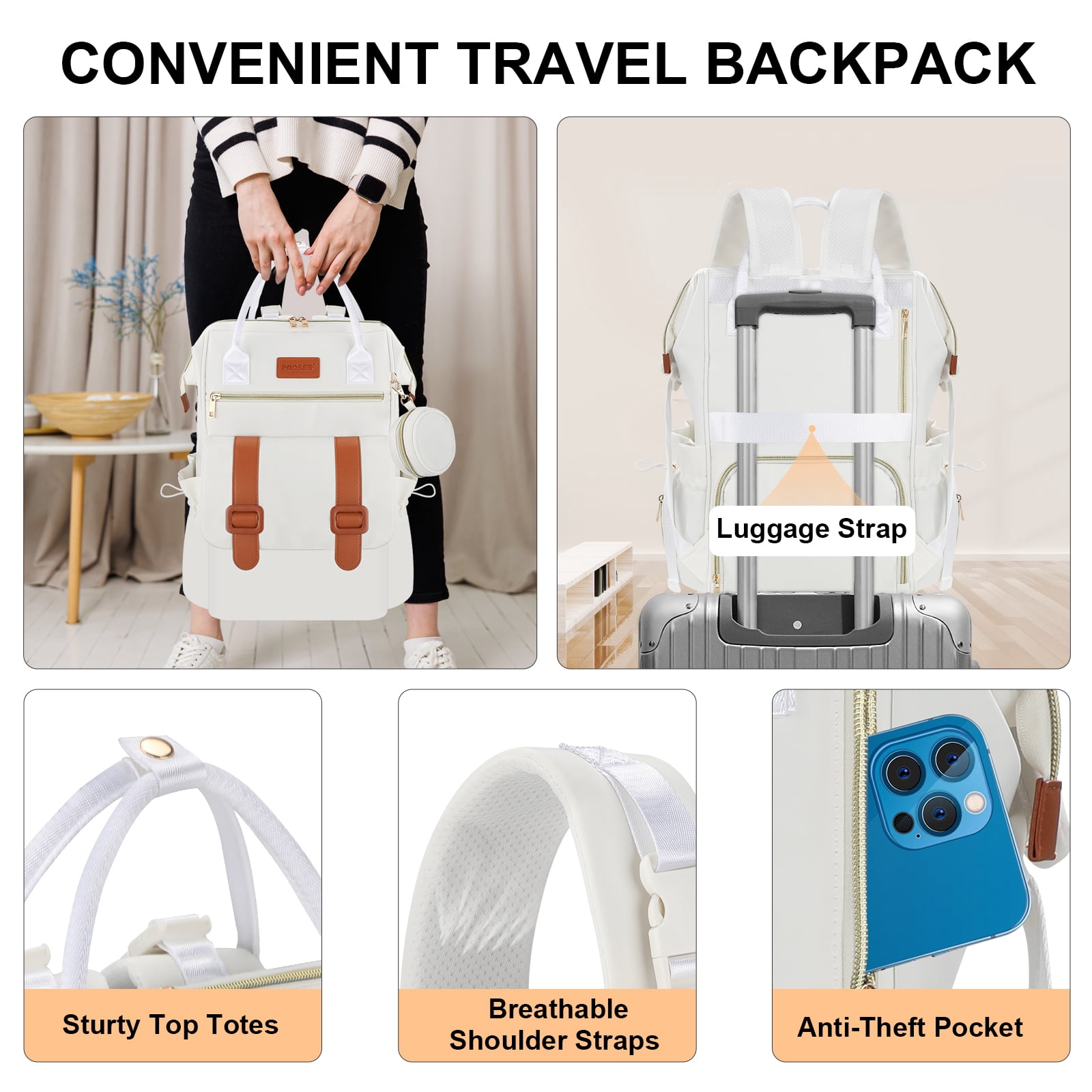 Diaper Bag Backpack with Ice Pack, Large Capacity Waterproof Baby Travel Backpack for Moms & Dads, Insulated Cooler Bag with Changing Pad, Stroller Straps & Pacifier Case, Cream