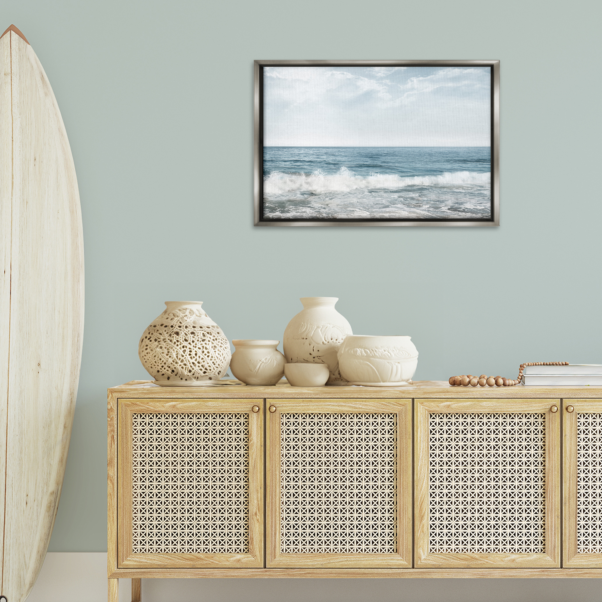 Stupell Industries Splashing Waves Beach Landscape Photography Gray Floater Framed Canvas Art Print Wall Art, 31 x 21