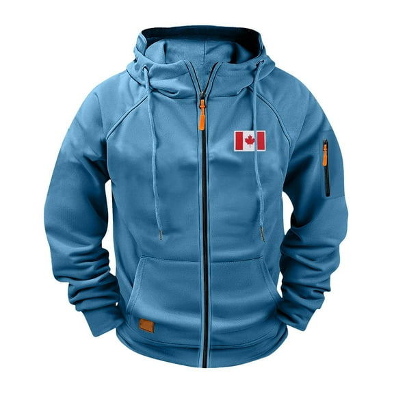 nerohusy Zip Up Hoodie Men Tactical Hoodies Sweatshirt Athletic Canadian Flag Workout Fall Winter Big and Tall Cargo Jackets Light Blue,XXXXL