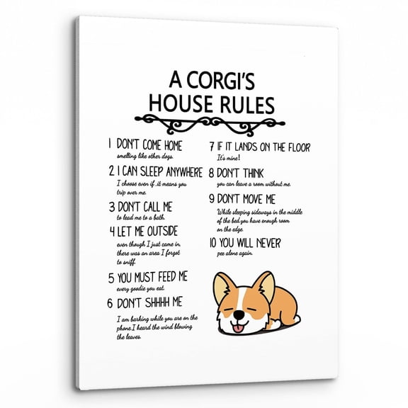 A Corgi's House Rules Wall Art, Funny Corgi Dog Quote Print Canvas Painting Artwork Home Bedroom Living Room Girls Room Decor