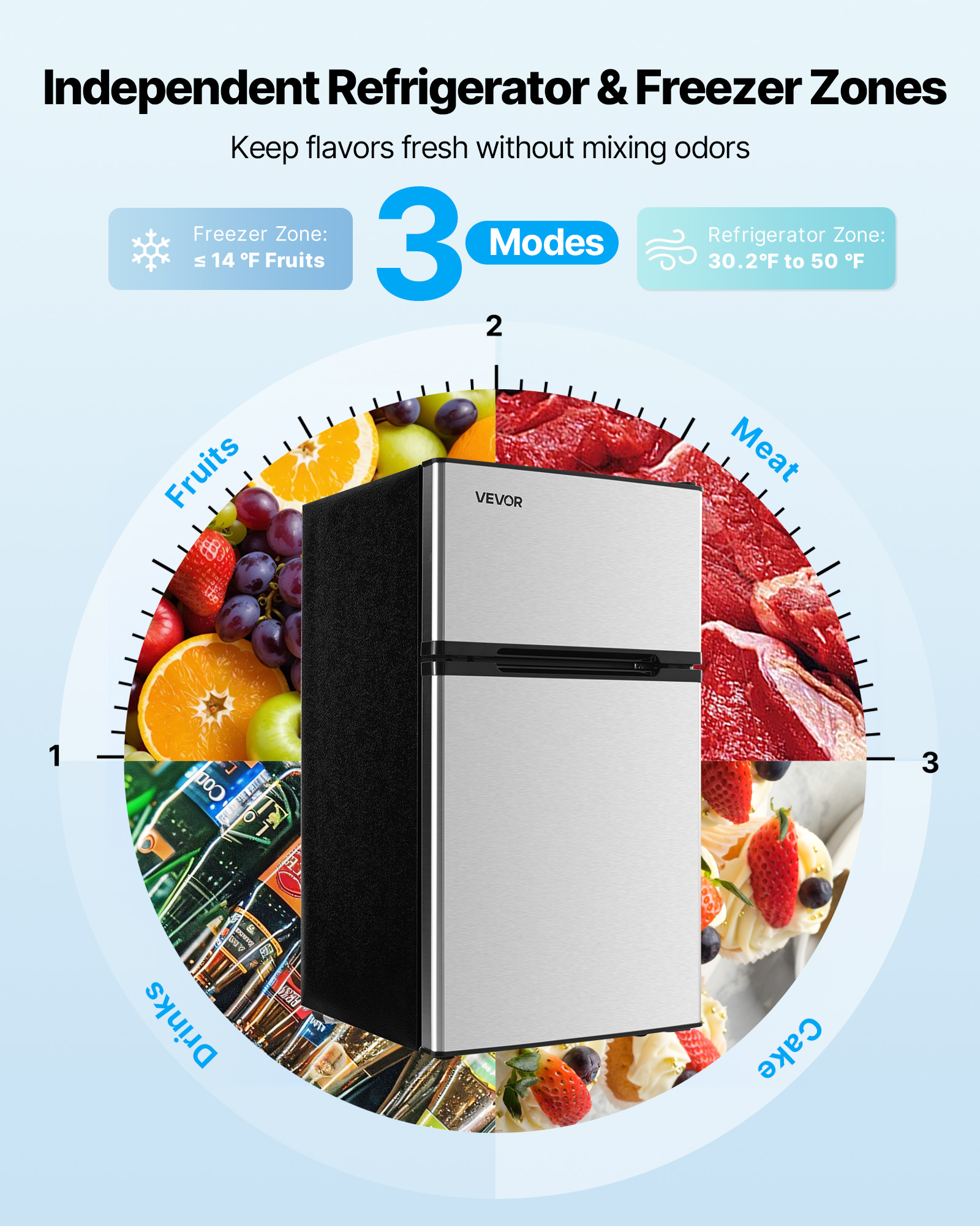 VEVOR Mini Fridge with Freezer, 3.2 Cu.Ft, Two Door Compact Refrigerator, Adjustable Temperature, Shelf, Energy Efficient Small Fridge, Reversible Door, Low Noise,for Bedroom,Dorm,Office,Stainless