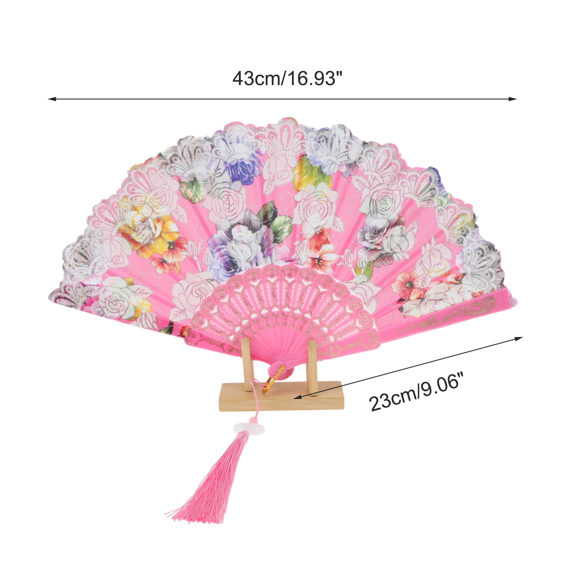 Unique Bargains Rose Print With Tassel Folding Fan 1 Pc For Summer Events Decorations Pink