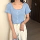 thumbnail image 2 of Chaqueta Mujer Encaje Cuello En U Abrigo Delgado Botón De Punto Camisa De Manga Corta, Azul Cielo Scienceny AP001095-04, 2 of 7