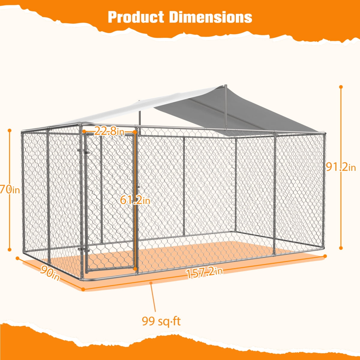 LuckyNote Heavy Duty Outdoor Dog Kennel 13.1x7.5x7.6 ft, Galvanized Chain Link Playpen with Waterproof Anti-UV Cover, Secure Lock, Grey