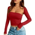 thumbnail image 2 of IWRICH Women's 2 Piece Long Sleeve Y2k Cardigan Bolero Shrug Set Strapless Going out Crop Top Fashion T-Shirt Tank Tops Red L, 2 of 5