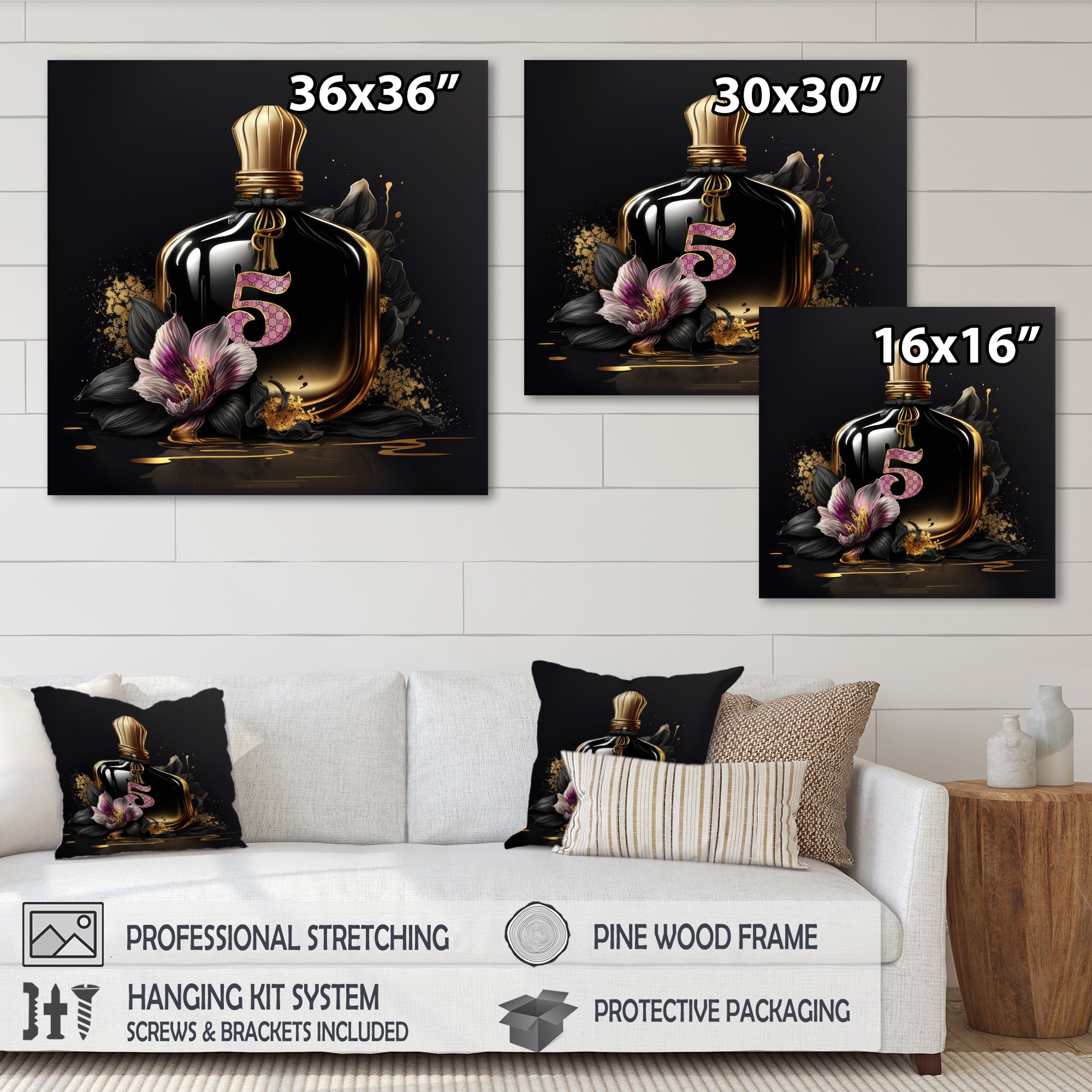 Designart Chic Black And Gold Perfume Bottle VI Canvas Wall Art