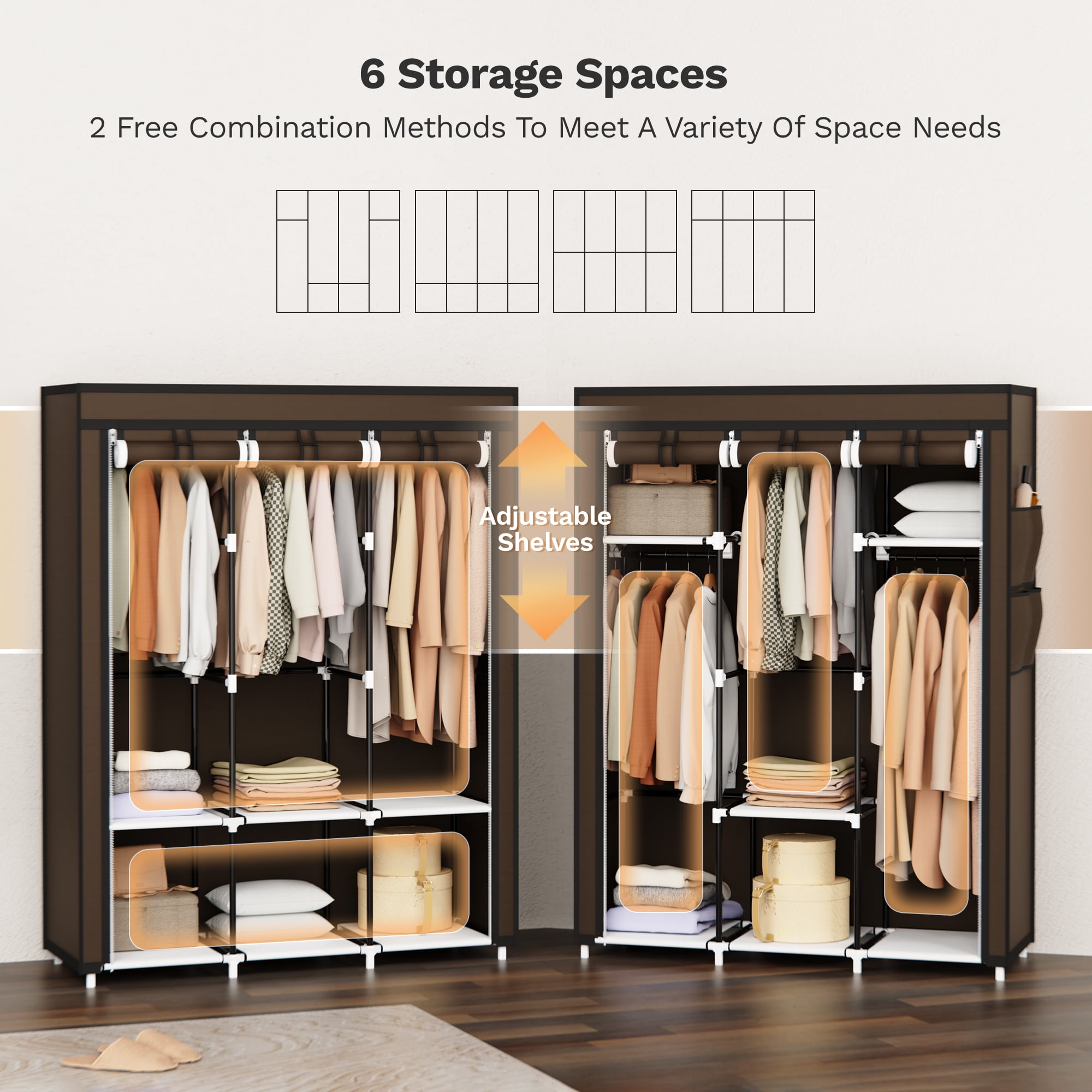 Riousery 51 Inch Portable Wardrobe Closet, 6 Storage Spaces with 3 Hanging Rods, Steel Frame Fabric Organizer, Easy Assembly and Dust Resistant Design, Brown