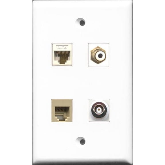 RiteAV 1 Port RCA White and 1 Port Phone RJ11 RJ12 Beige and 1 Port BNC and 1 Port Cat6 Ethernet White Wall Plate