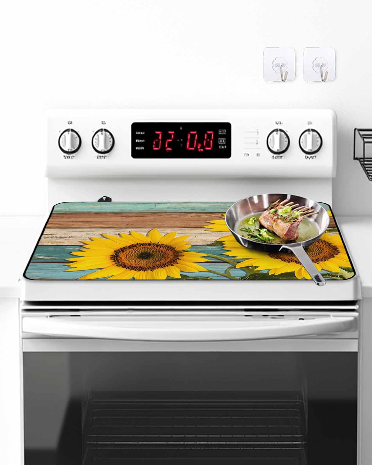 Stove Top Covers for Electric Stove, Sunflower Glass Stovetop Cover Protector, Yellow Spring Flora Botanical Teal Brown Wooden Induction Cooktop Protector Oven Mat for Kitchen Countertop 24"x21"