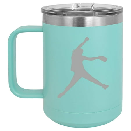 

15 oz Tumbler Coffee Mug Travel Cup With Handle & Lid Vacuum Insulated Stainless Steel Female Softball Pitcher (Teal)