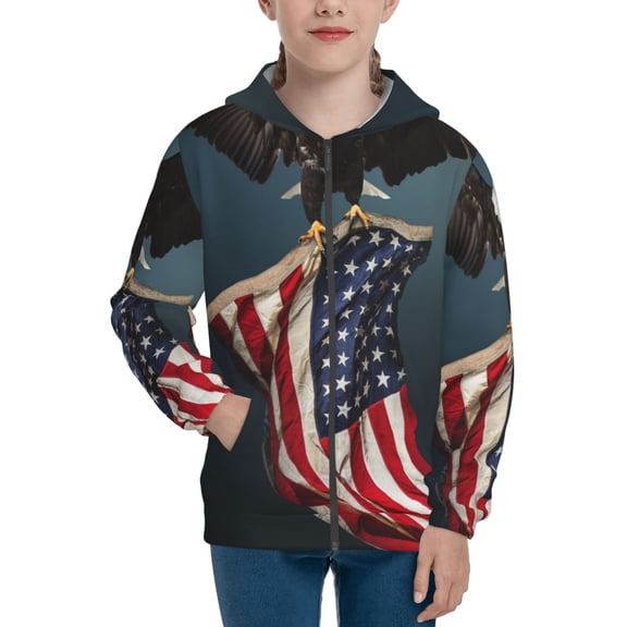 Kdxio American Flag Pattern Kids Boys Girls Zip Up Hoodie 3D Printed Hooded Sweatshirt Hoody Coat with Pocket 7-12 Y-Small