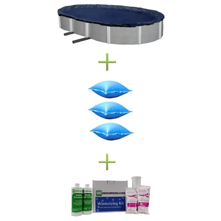 - 18x38 Blue Oval Above Ground Swimming Pool Cover + Air Pillows + Winterizing Kit