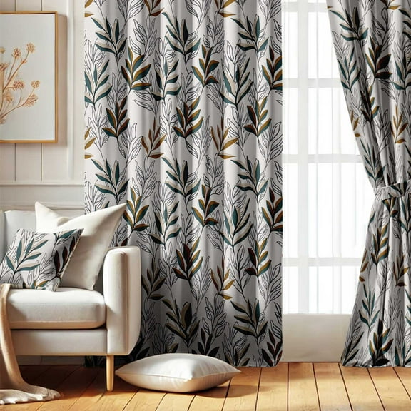 Vargottam Hand-Drawn Leaves Print Design Blackout Curtains - Set of 2 Panels, 42 x 63 Inches Each - Light Blocking & Thermal Insulated Drapes with Grommet Top for Bedroom & Living Room - White