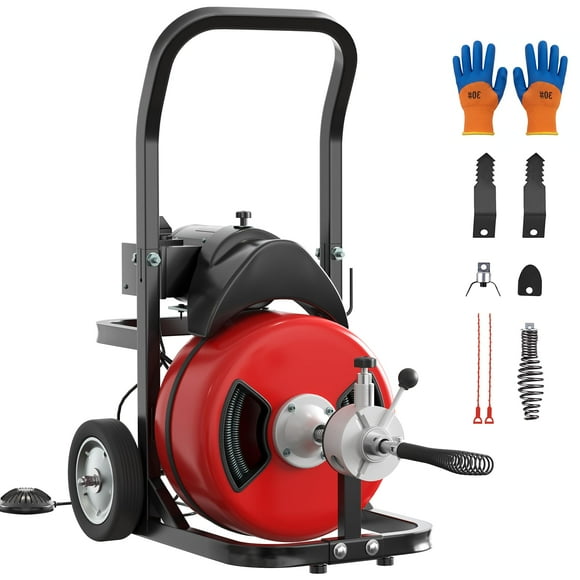 Machine Électrique de Nettoyage de Drain - Câble en Acier 100 Pieds x 1/2 Pouces (370 W) - Serpilleur d'Égout Professionnel avec Coupe-Tarière et Interrupteur au Pied - Comprend des Gants Bleus - pour Sabots de Plomberie Domestique/commerciale