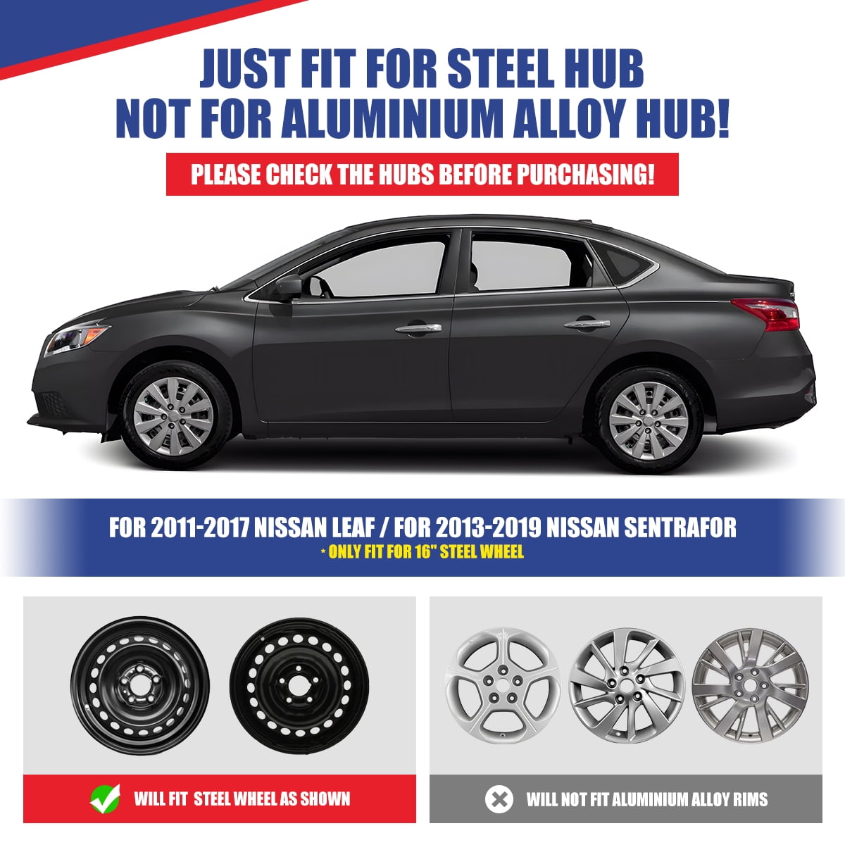 16 inch Set of 4 Hubcaps for Nissan Sentra 2013-2019,Wheel Rim Covers for Nissan Leaf 2011-2017,Snap on Installation,Silver Lacquer & Black Lacquer