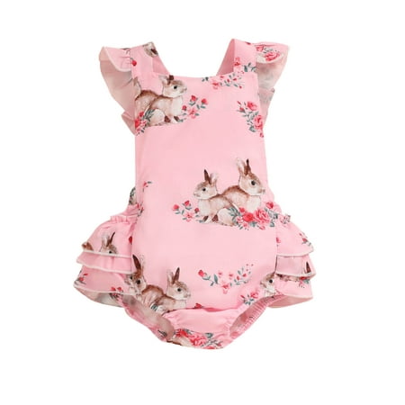 

Baby Girls Easter Sleeveless Cartoon Rabbit Bunny Printed Romper Bodysuits Clothes