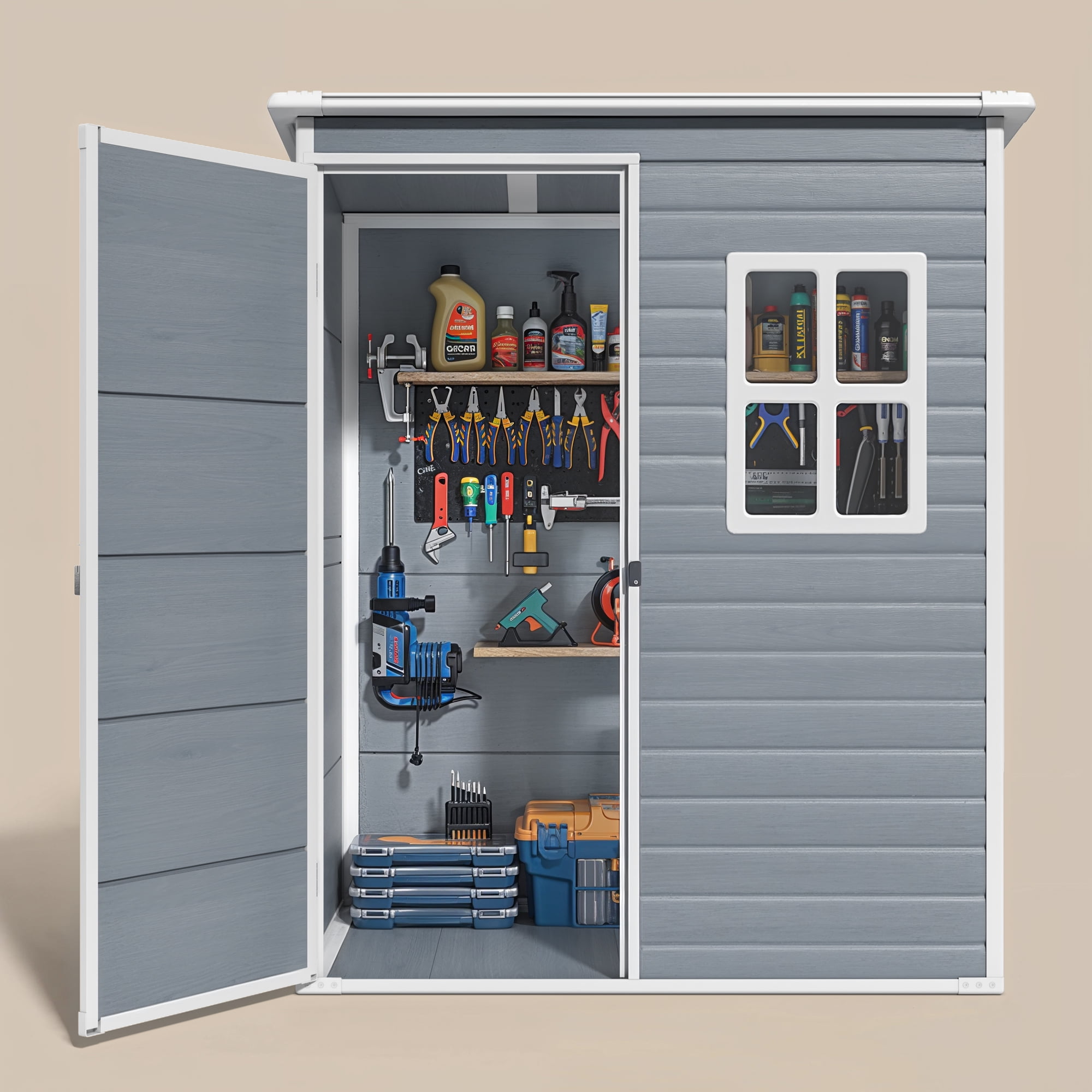 Resin Storage Shed, Asofer 5×3 FT All-Weather Outdoor Shed with Window & Sloped Roof, Multi-Use Organizer for Garden Backyard,Gray